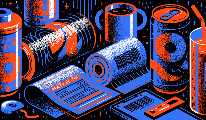Collection of beverage cans, receipts, labels, and packaging elements representing the multiple production components, printing specifications, and material costs included in packaging design projects.