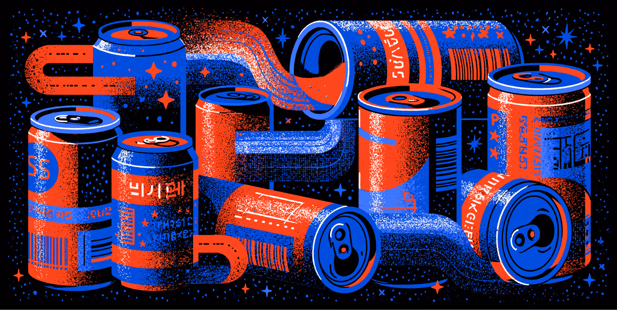 Assortment of custom beverage cans with unique label designs illustrating how scalable packaging systems create consistent branding across multiple products and packaging variations.