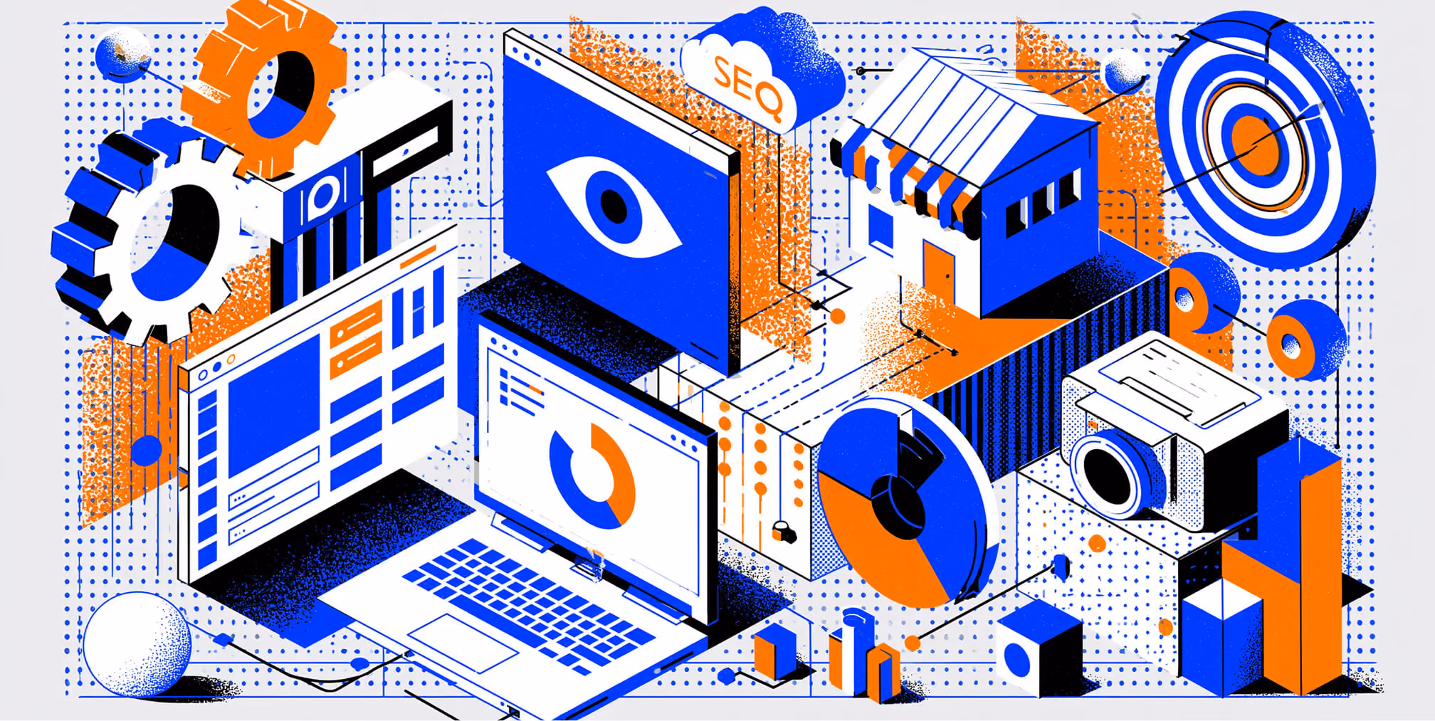 Isometric illustration of a Shopify ecommerce ecosystem featuring storefronts, dashboards, SEO tools, analytics, payment systems, and customer experience elements connected within a scalable online business.