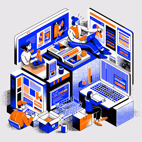 Designers and developers collaborating across multiple website interfaces, illustrating custom Shopify website design, user experience planning, and frontend development workflows.