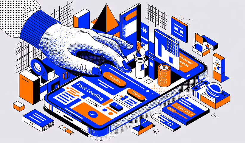 Hand arranging interface components on a mobile ecommerce application, illustrating Shopify UX design, mobile optimization, navigation improvements, and customer-focused website development.