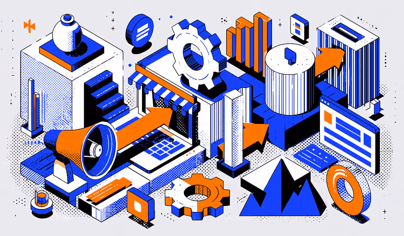 Business growth illustration featuring storefronts, marketing tools, analytics, and automation systems, representing Shopify development services that support ecommerce expansion and operational efficiency.