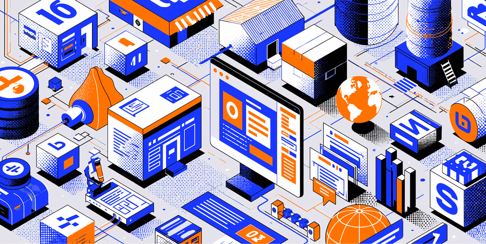 Network of ecommerce websites, fulfillment centers, storefronts, and digital infrastructure representing integrated Shopify development, inventory management, and scalable online commerce operations.