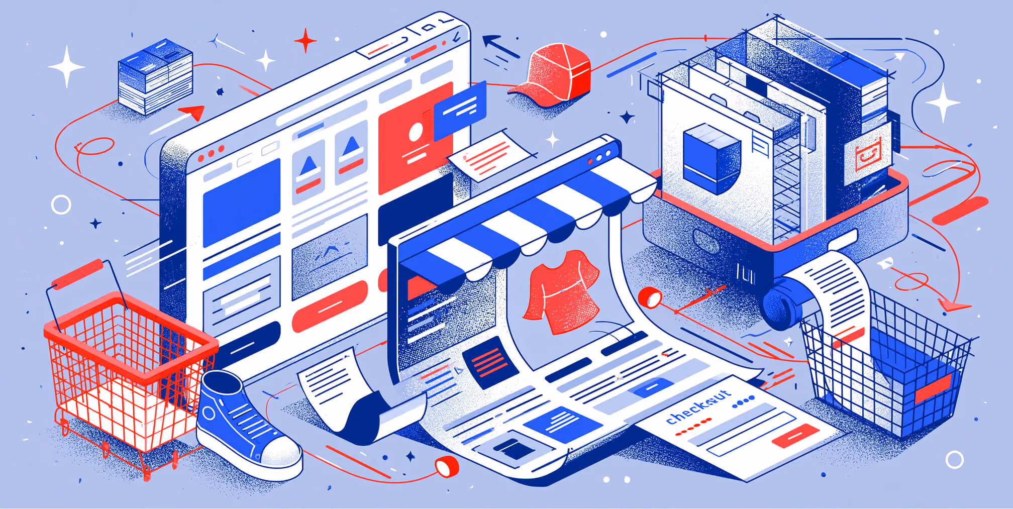 Conceptual illustration of a custom Shopify website featuring storefront design, checkout flow, inventory management, fulfillment, and ecommerce operations connected within a scalable online shopping ecosystem.