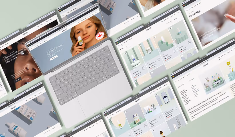 Collection of ecommerce website pages displayed across a laptop and floating browser windows, showcasing custom Shopify website design, product pages, navigation, and branded user experiences.