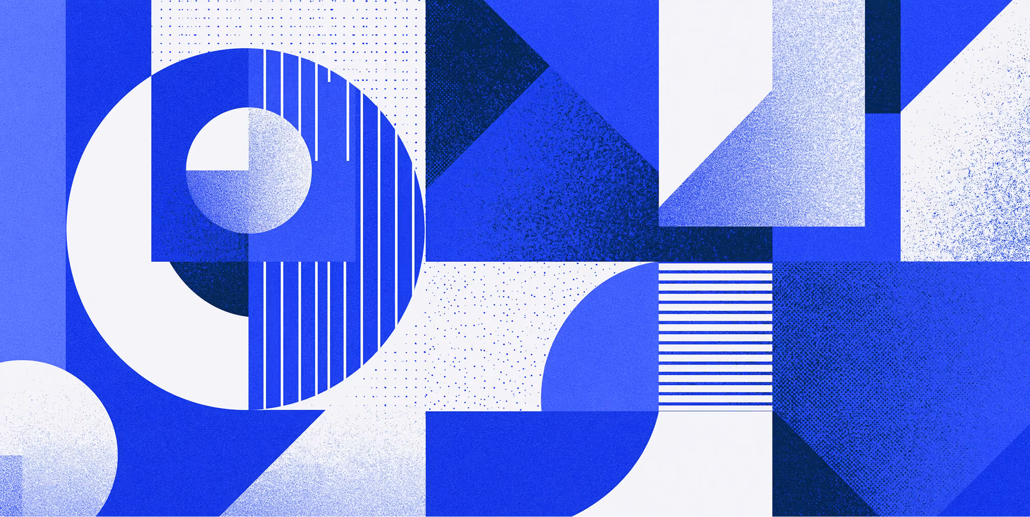 Abstract geometric brand identity illustration featuring bold blue and white shapes, textures, and modular forms representing strategic branding, visual systems, and modern brand design.