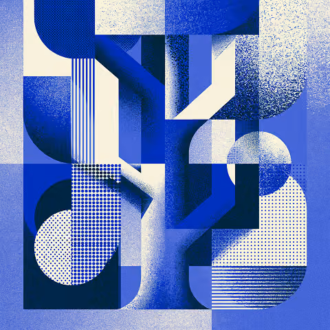 Geometric abstract composition featuring layered blue shapes, gradients, and textures that illustrate scalable visual identity systems and modern graphic design principles.