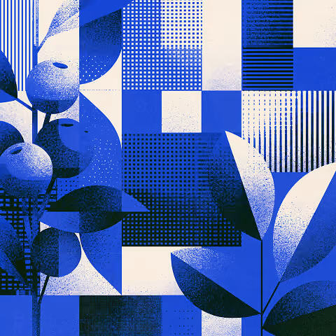Abstract botanical composition combining geometric shapes, organic forms, and textured patterns to represent brand identity inspired by nature, creativity, and visual storytelling.