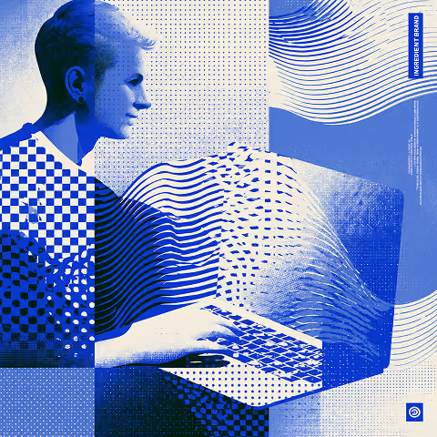 Designer working on a laptop surrounded by graphic patterns and abstract visual elements, representing creative brand strategy, identity development, and digital design process.
