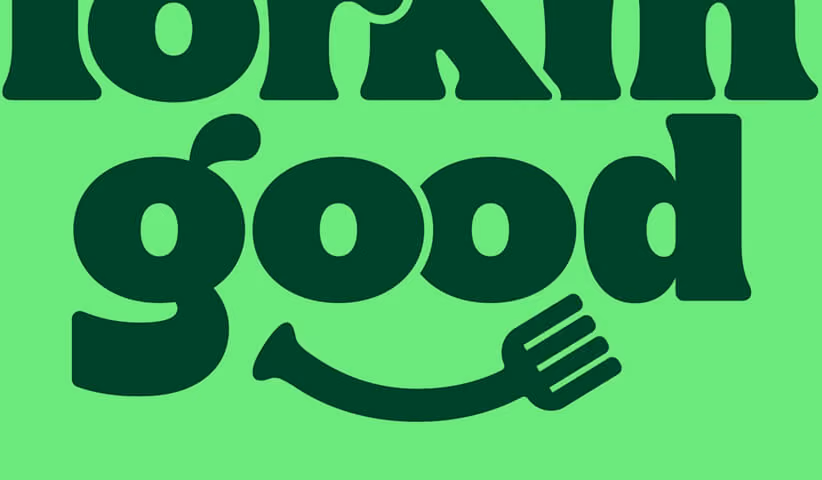 Bold green typographic logo reading "forkin' good," showcasing playful custom typography, distinctive brand identity, and memorable food brand logo design.