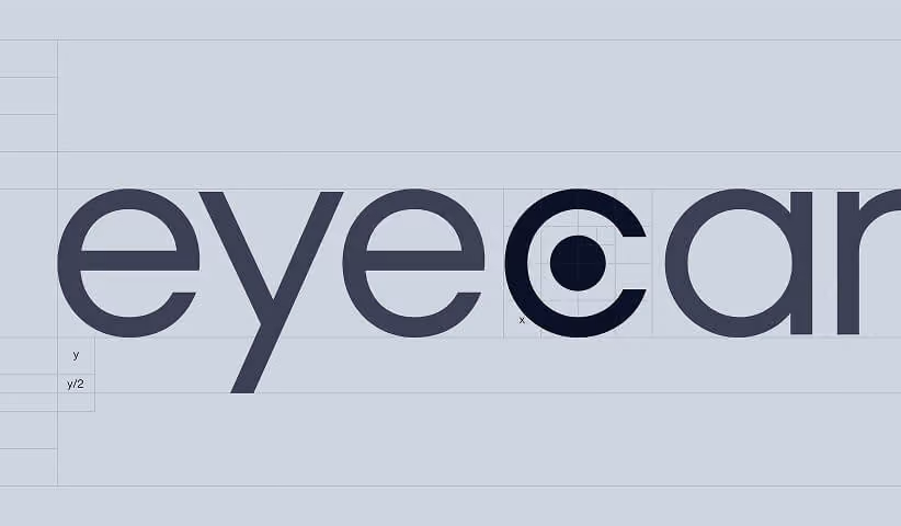 Eyecart logo construction grid illustrating the logo design process, geometric proportions, and precision behind custom brand identity development.