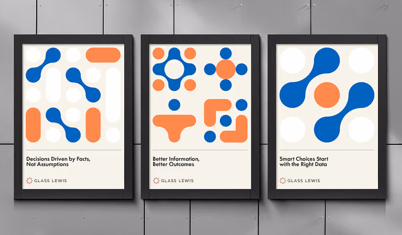 Collection of branded posters featuring abstract graphic elements, demonstrating cohesive visual identity systems applied across print marketing and brand communications.