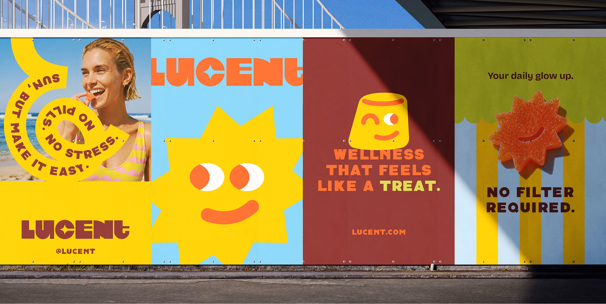 Large outdoor brand campaign featuring vibrant illustrations, bold typography, and environmental graphics that showcase integrated brand identity across public advertising.