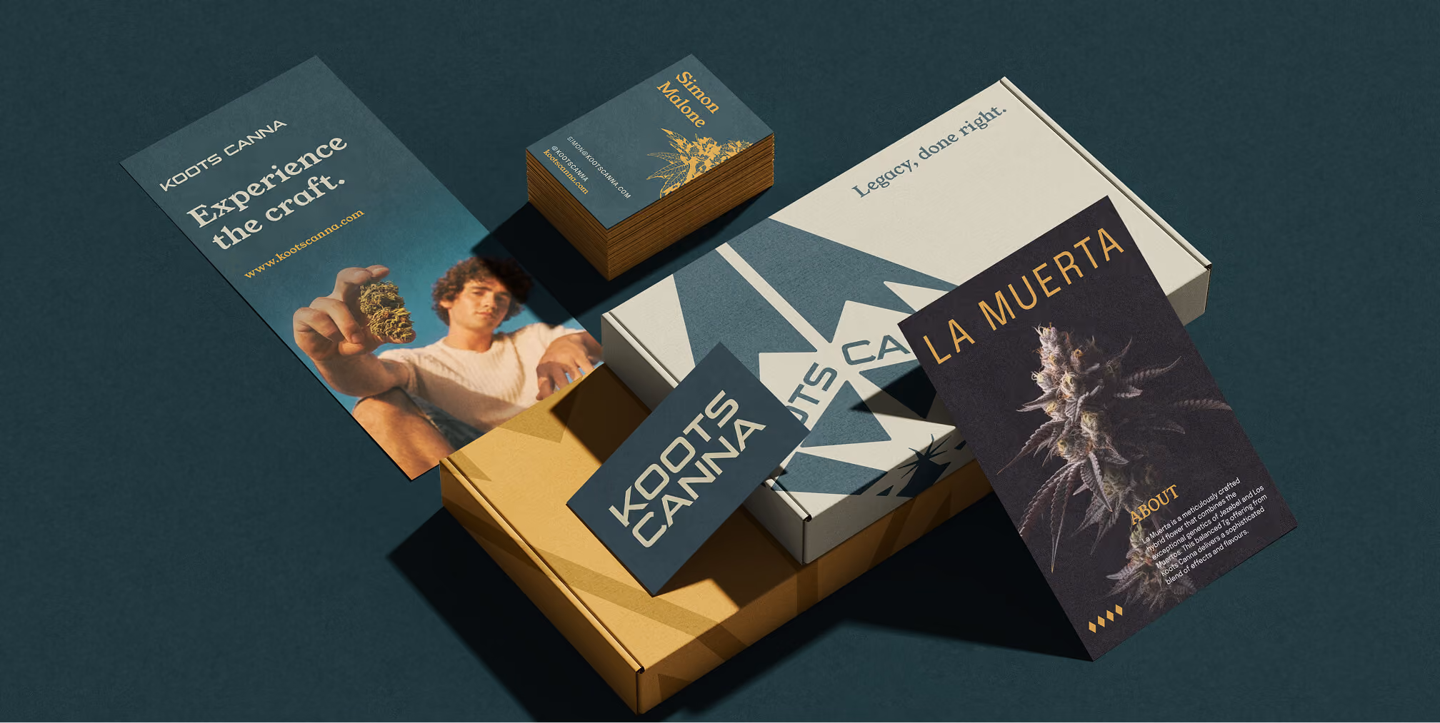 Premium branded packaging, business cards, and printed collateral displayed together, highlighting cohesive brand identity design across packaging, print materials, and marketing assets.