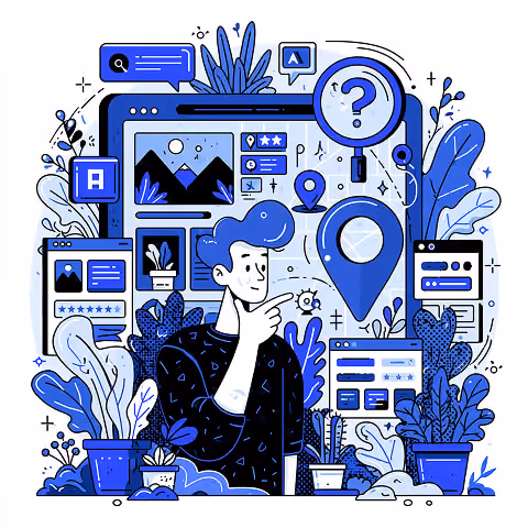 Designer planning a website interface surrounded by search, location, and user interface elements, illustrating website strategy, UX design, and local business web development.