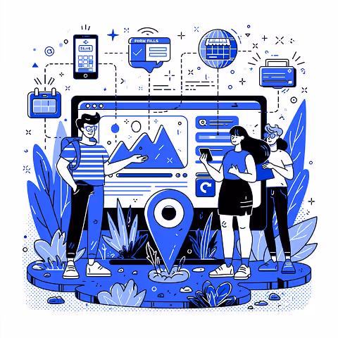 Users interacting with a website interface featuring forms, maps, and digital tools, highlighting responsive web design, user experience, and local business websites.