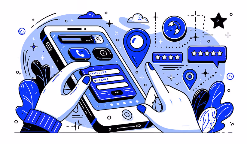 Hands using a mobile website interface with maps, ratings, and booking features, illustrating mobile-first web design, local SEO, and customer experience.