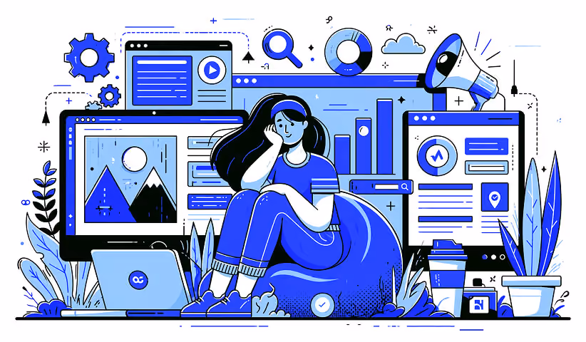 Designer surrounded by website dashboards, analytics, and marketing tools, representing website optimization, SEO strategy, and digital performance for growing businesses.