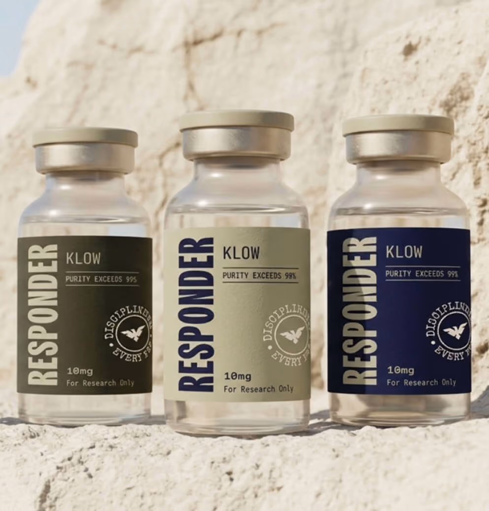 Three branded peptide research vials displayed on a textured stone surface, showcasing the Responder KLOW packaging system in olive, sage, and navy color variations with clean, minimalist label design.