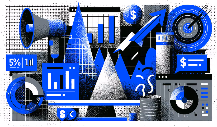 Marketing illustration with growth charts, financial metrics, and target icon, representing conversion rate optimization, campaign performance, and revenue growth.