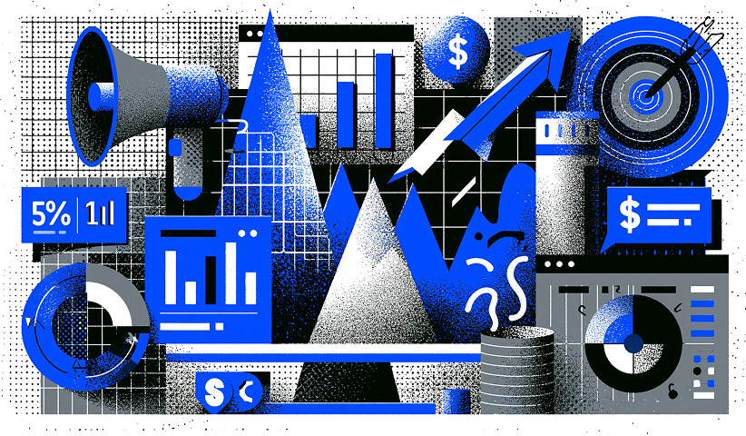 Marketing illustration with growth charts, financial metrics, and target icon, representing conversion rate optimization, campaign performance, and revenue growth.