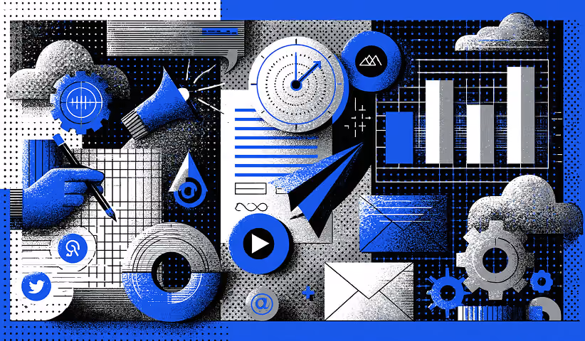 Collection of digital marketing icons including email, analytics, advertising, social media, and automation tools, illustrating integrated marketing and conversion optimization strategies.