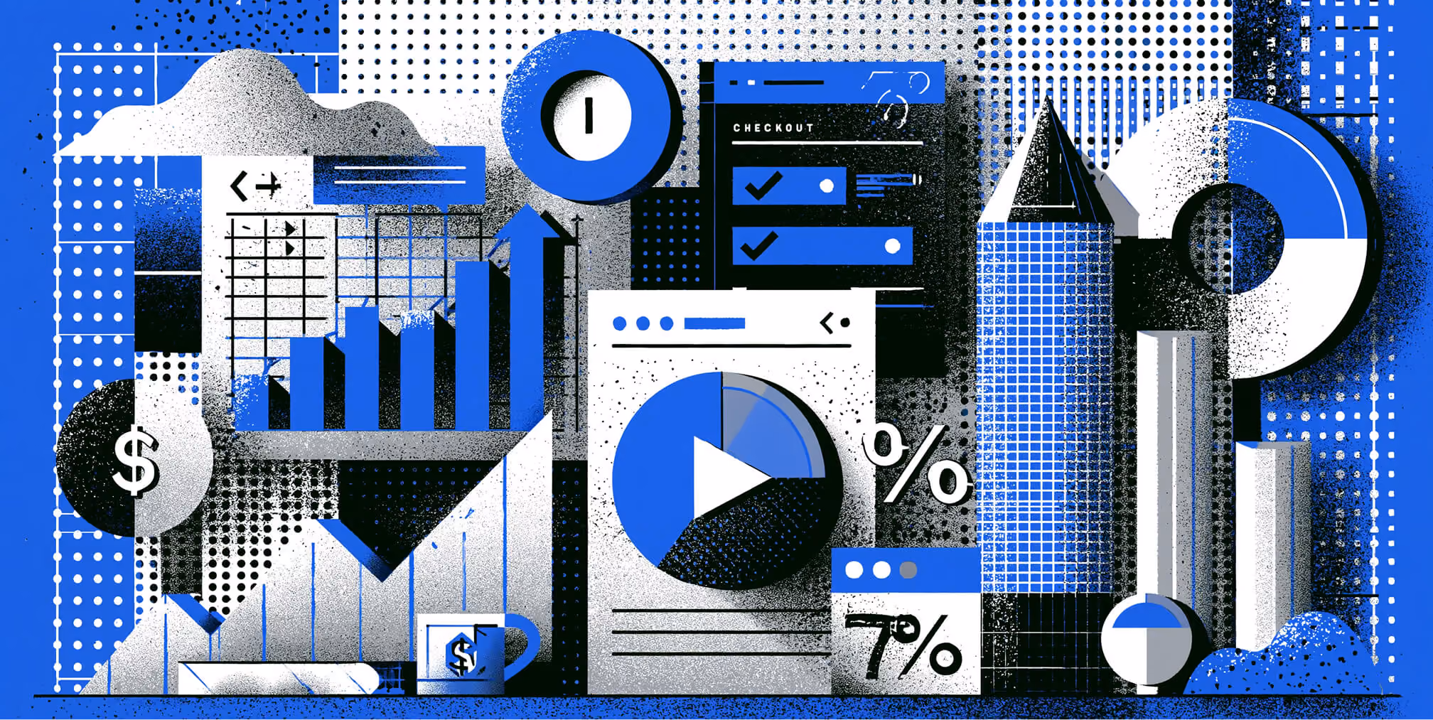 Website analytics dashboard with conversion metrics, checkout optimization, growth charts, and performance reports, illustrating data-driven conversion rate optimization and website performance analysis.