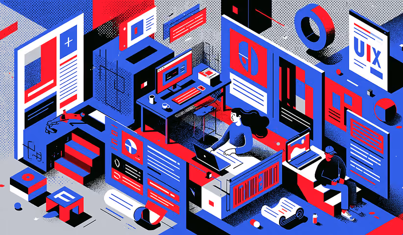 Modern workspace with website design and UI mockups.