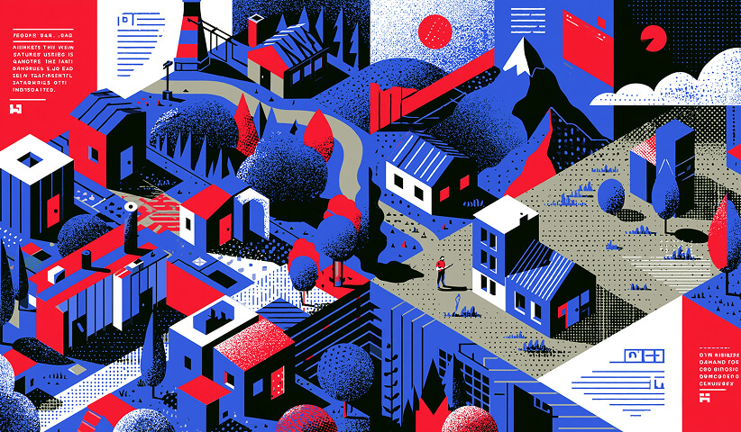 Stylized illustration of digital design systems and creative layouts.