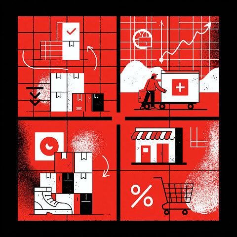Ecommerce website optimization and fulfillment workflow illustration.