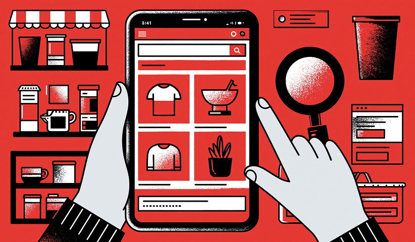 Mobile ecommerce shopping interface with online products.