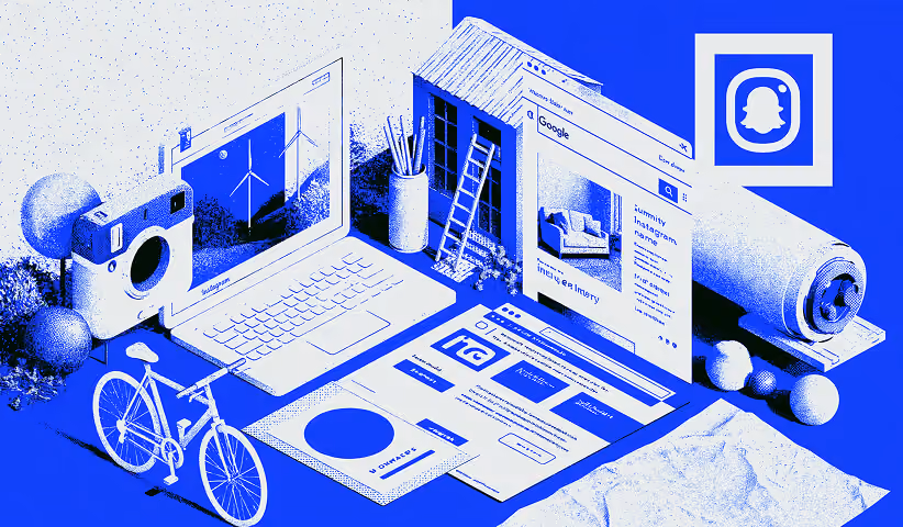 Graphic design layout with branding documents and laptop.