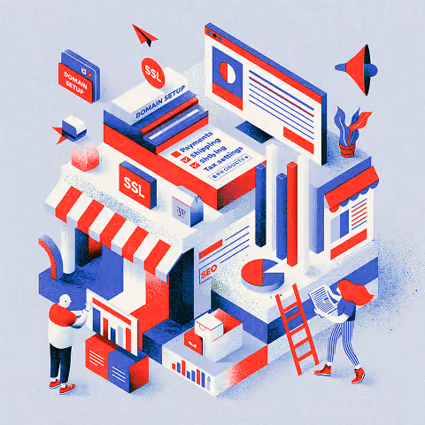 Shopify setup with domain, SSL, and payment features.