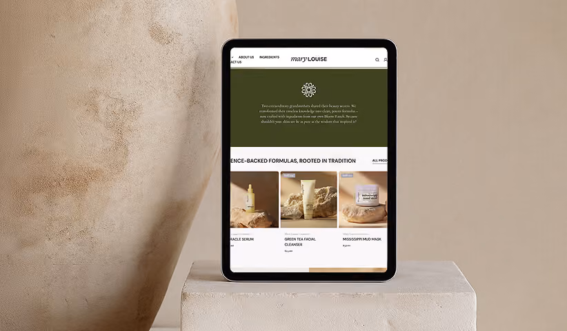 Skincare ecommerce website displayed on a tablet.