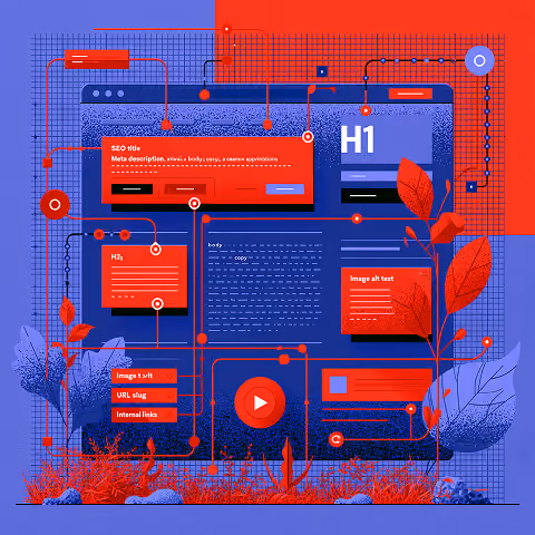 SEO headings, alt text, and internal links.