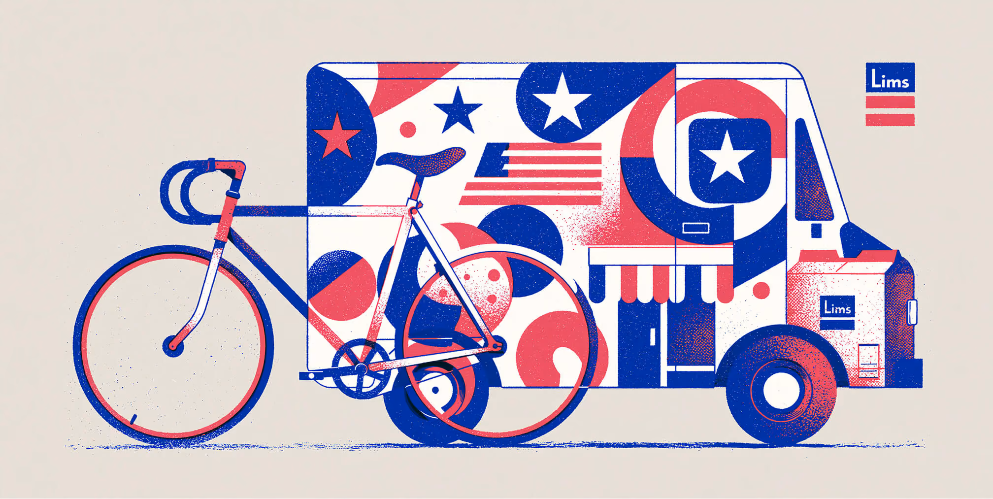 Branded delivery truck and bicycle with custom graphics.