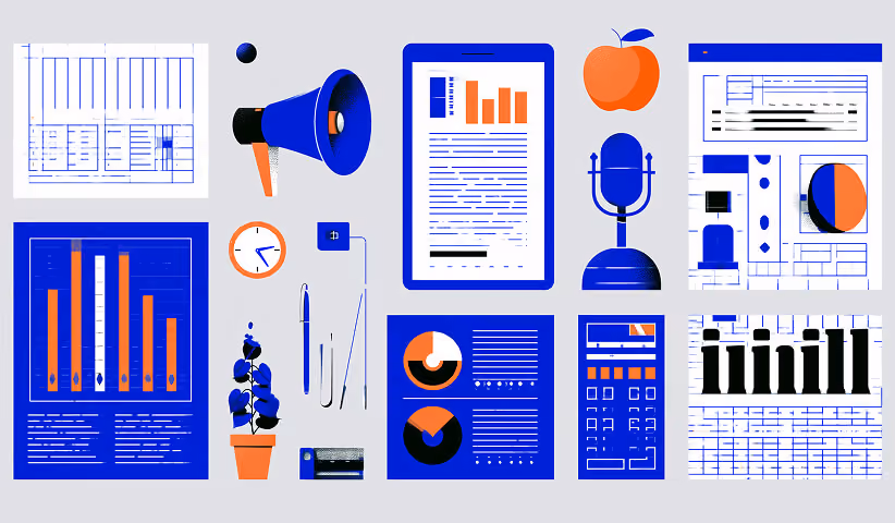 Marketing graphics with charts, icons, and presentation layouts.
