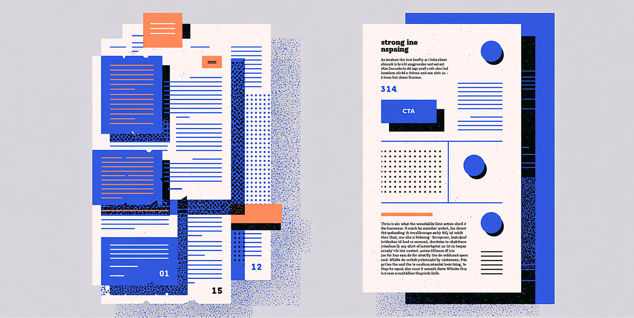 Editorial layouts with bold typography and graphic elements.