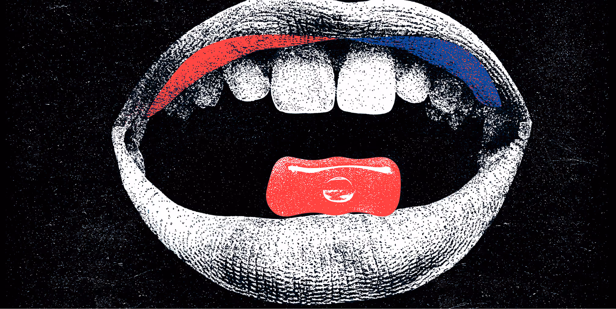 Stylized open mouth with a gummy supplement on the tongue, representing modern wellness and functional nutrition.