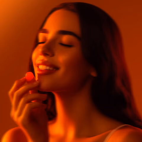 Woman holding a gummy supplement, highlighting daily wellness routines and nutritional supplementation.
