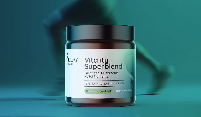 Premium functional mushroom supplement container with modern branding on a clean studio background.
