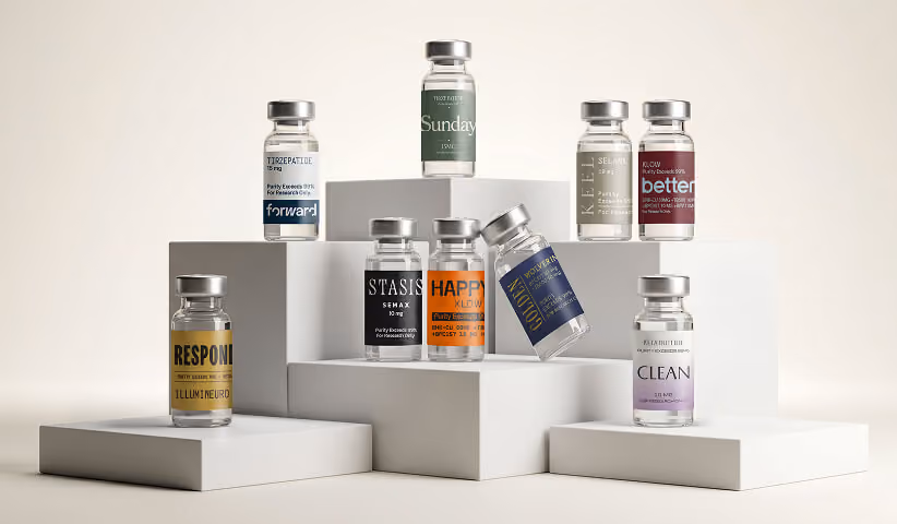 Assortment of branded wellness supplement bottles displayed on minimalist product pedestals.