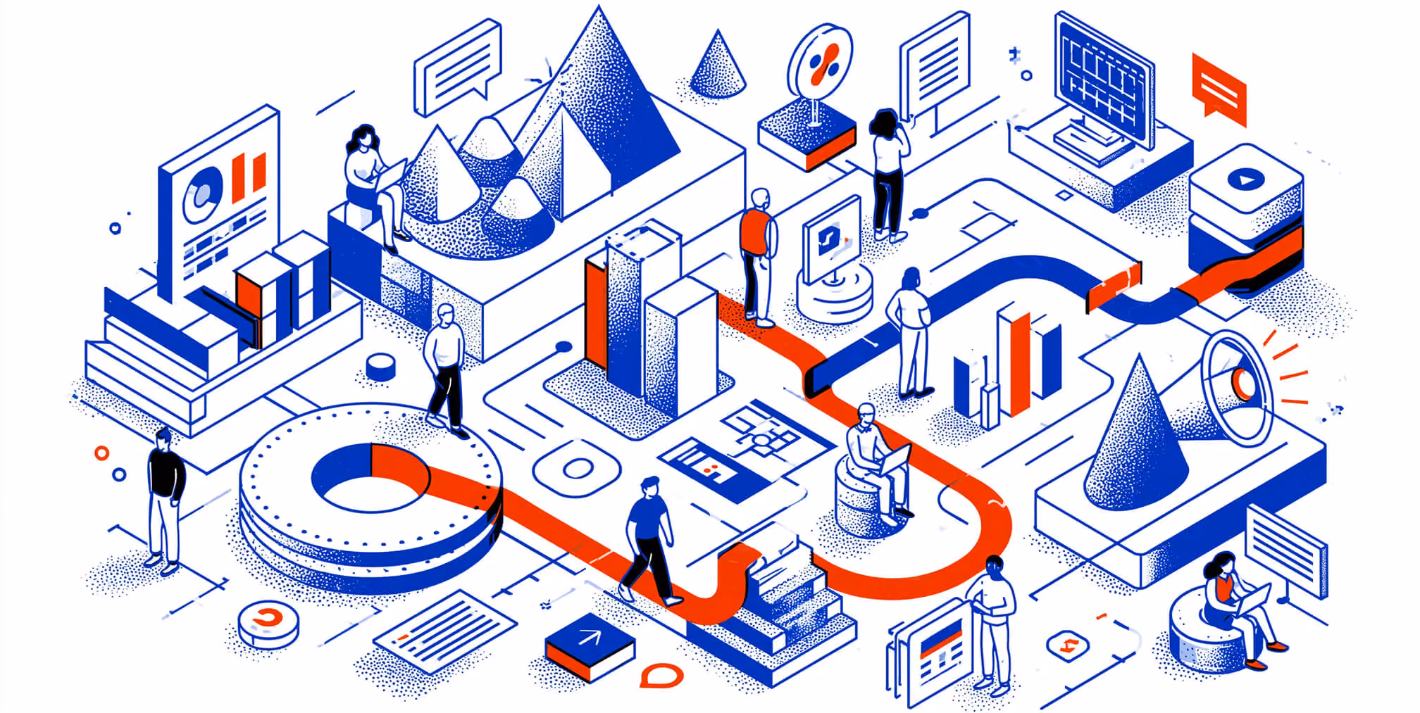 Isometric illustration of customer-driven marketing with connected data flows, analytics dashboards, and marketing channels guiding business decisions.
