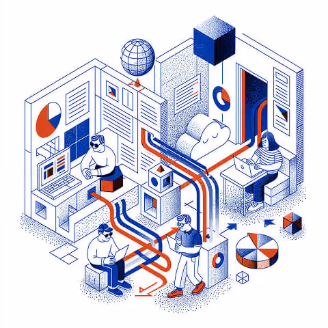 Isometric illustration of integrated customer data flowing between marketing systems, analytics dashboards, and team members.