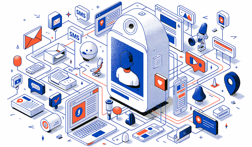 Customer data ecosystem connecting social media, email, SMS, websites, mobile devices, and digital touchpoints around a unified customer profile.