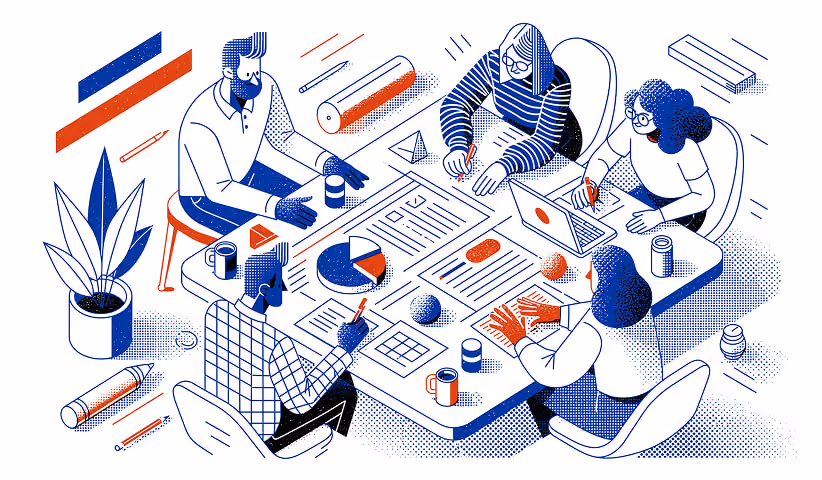 Cross-functional marketing team reviewing customer insights, reports, and performance metrics during a strategy meeting.