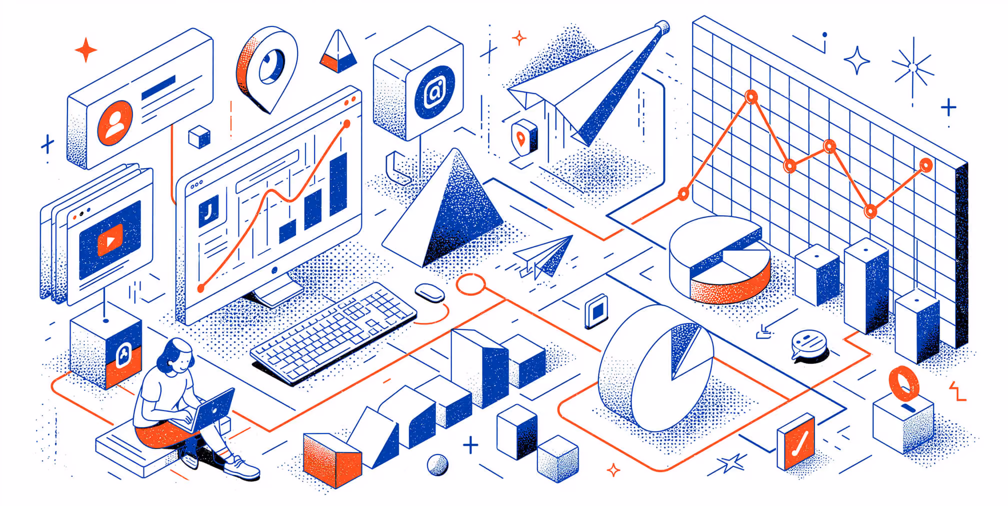 Isometric illustration of digital marketing analytics featuring dashboards, performance charts, email campaigns, and data visualization connected through an integrated marketing system.