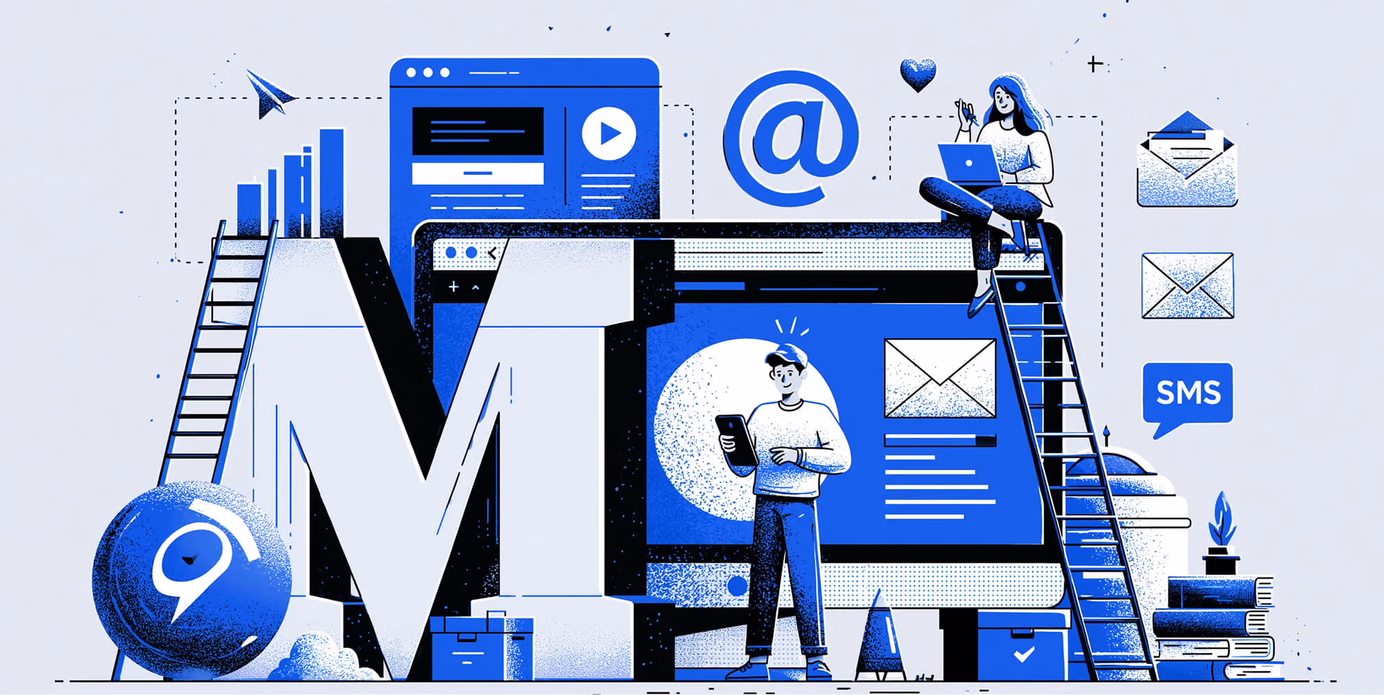 Illustration of omnichannel marketing showing email, SMS, web, and digital communication tools working together to engage customers across multiple touchpoints.