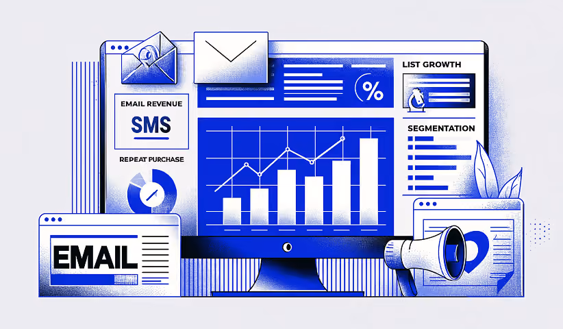 Email and SMS marketing analytics dashboard displaying campaign performance, list growth, segmentation, repeat purchases, and revenue metrics.