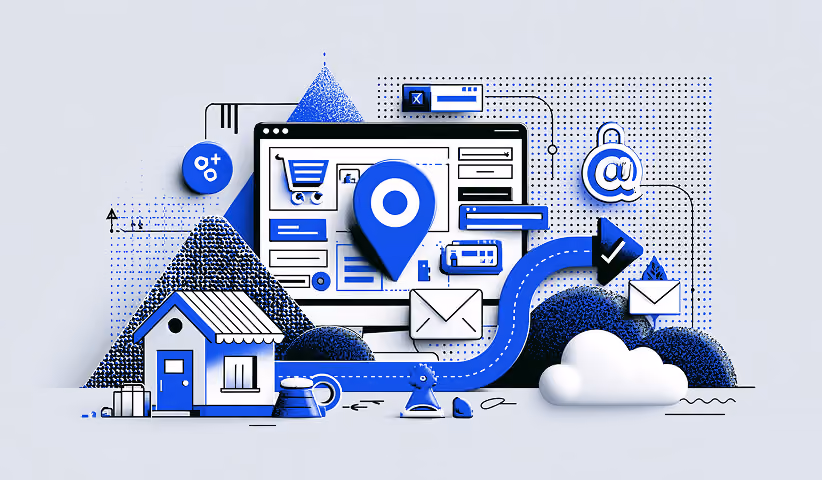 Local marketing illustration showing location targeting, email campaigns, ecommerce, and customer communication connected through a digital platform.